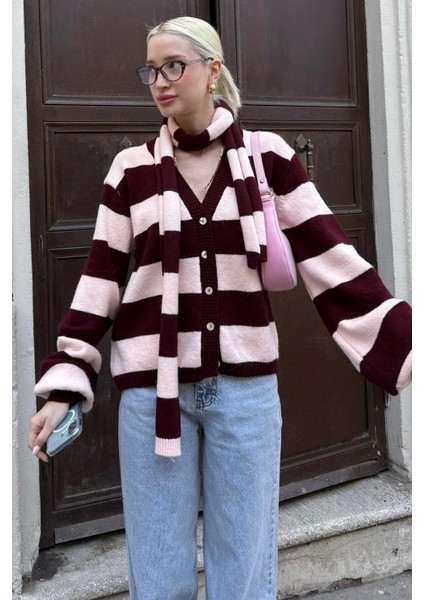 Bordo Çizigli Atkılı Kadın Triko Hırka MG2588 indirimleri