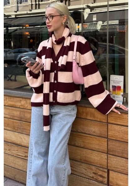 Bordo Çizigli Atkılı Kadın Triko Hırka MG2588
