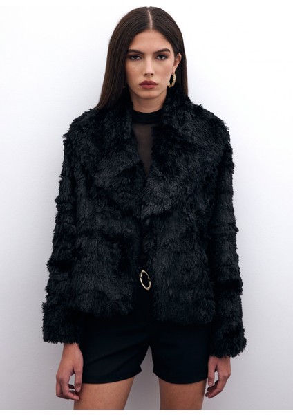 Yakalı Peluş Ceket - Siyah fırsatları