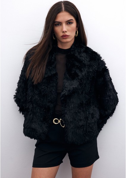 Yakalı Peluş Ceket - Siyah indirimleri