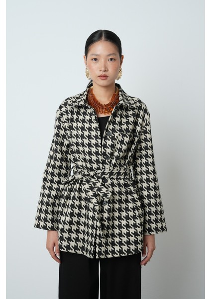 Kadın Kazayağı Desenli Cepli Astarsız Siyah Renk Ceket-Gömlek