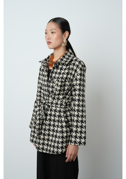 Kadın Kazayağı Desenli Cepli Astarsız Siyah Renk Ceket-Gömlek fiyatları