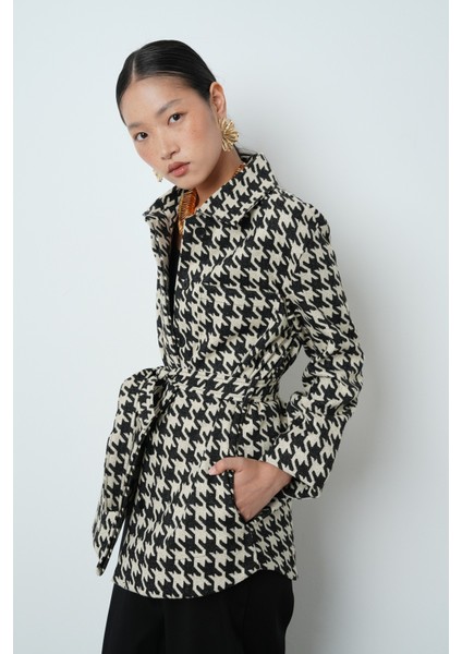 Kadın Kazayağı Desenli Cepli Astarsız Siyah Renk Ceket-Gömlek modelleri