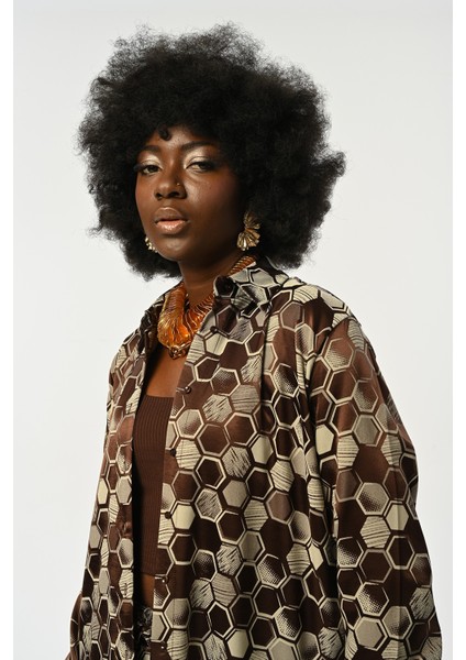 Kadın Petek Desenli Kahverengi Oversize Kesim Gömlek fiyatları