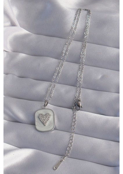 316L Çelik Zincir Mermer Desenli Gümüş Renk Zirkon Taşlı Kalp Model Kolye fiyatları