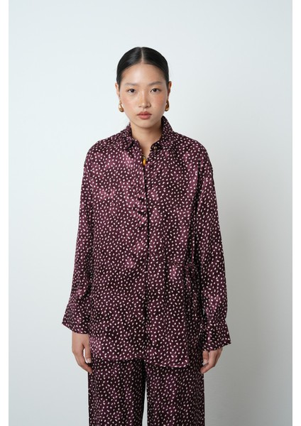 Kadın Bordo Renk Desenli Yandan Bağlamalı Gömlek