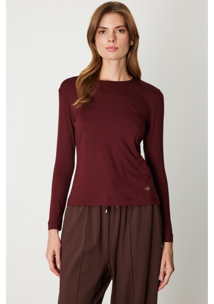 Kadın Metal Aksesuarlı Sıfır Yaka Basic Bluz 61303 Bordo