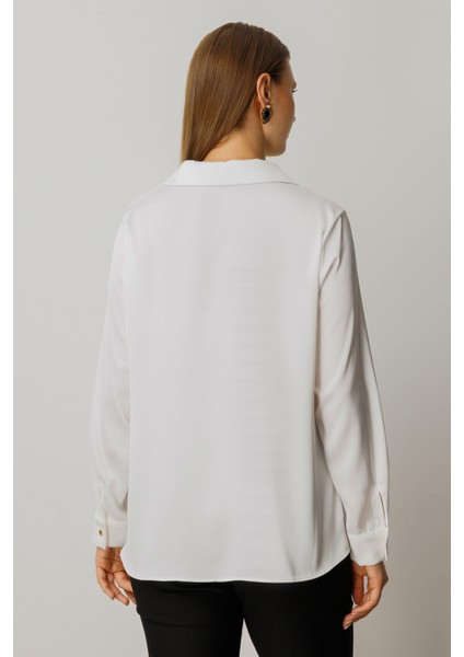 Kadın Büyük Beden Düğmeli Saten Gömlek 3505 Ekru modelleri
