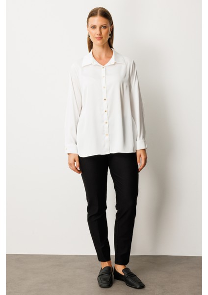 Kadın Büyük Beden Düğmeli Saten Gömlek 3505 Ekru fiyatları