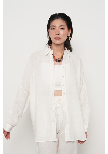 Kadın %100 Keten Yarasa Kol Düz Oversize Gömlek