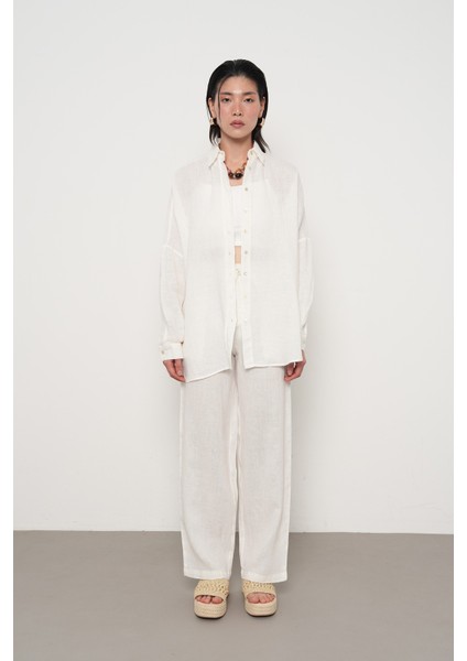 Kadın %100 Keten Yarasa Kol Düz Oversize Gömlek fırsatları