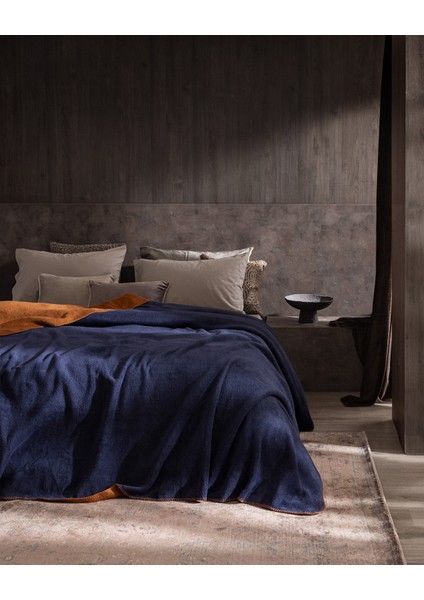 Caureo Çift Kişilik Jakarlı Pamuklu Battaniye - Kiremit/lacivert