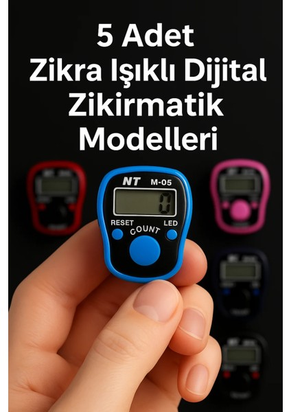 Zikra 5 Adet Karışık Renk Işıklı Dijital Zikirmatik – Yüzük Tipi Tesbih Sayaç