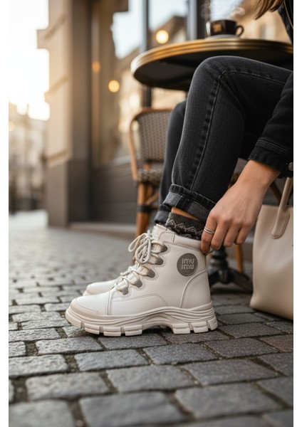 Conpax 5967 Bej Kadın Fermuarlı & Bağcıklı Bot