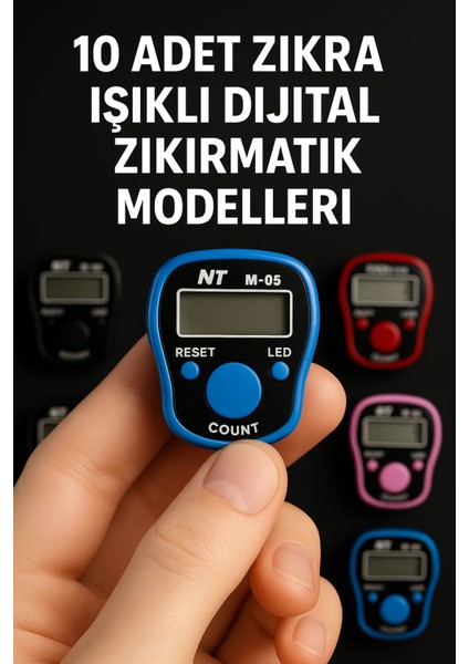 Zikra 10 Adet Karışık Renk Işıklı Dijital Zikirmatik – Yüzük Tipi Tesbih Sayaç