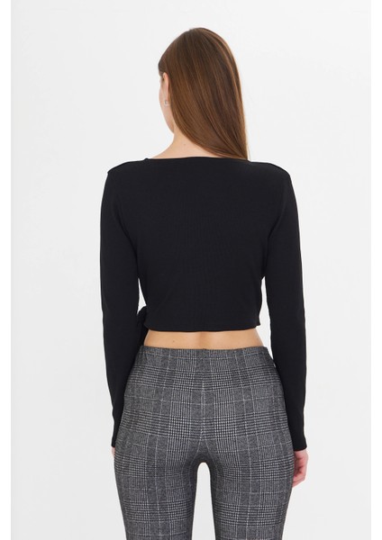 Kadın Kruvaze Uzun Kollu Bağlamalı Crop Top Bluz Siyah fırsatları