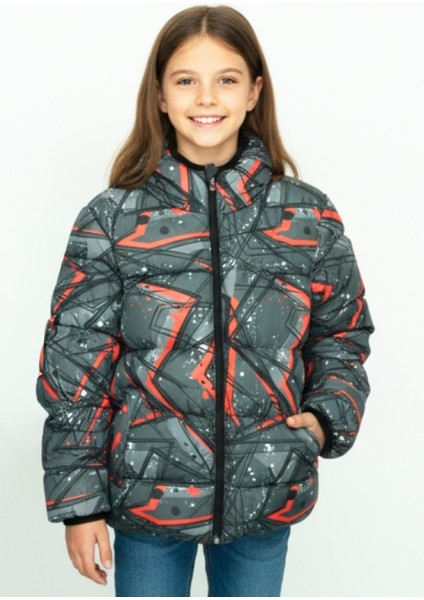 Kız Çocuk Desenli-Içi Polar Astarlı-Kapüşonlu-Fermuarlı Mont 12359