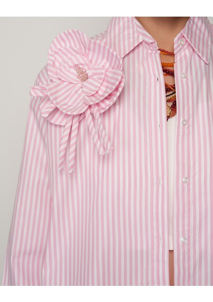 Çiçek Detaylı Pembe Beyaz Çizgili Kadın Gömlek - %100 Pamuk, Oversize, Uzun Kesim modelleri