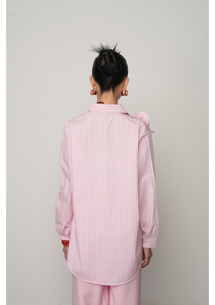 Çiçek Detaylı Pembe Beyaz Çizgili Kadın Gömlek - %100 Pamuk, Oversize, Uzun Kesim indirimleri