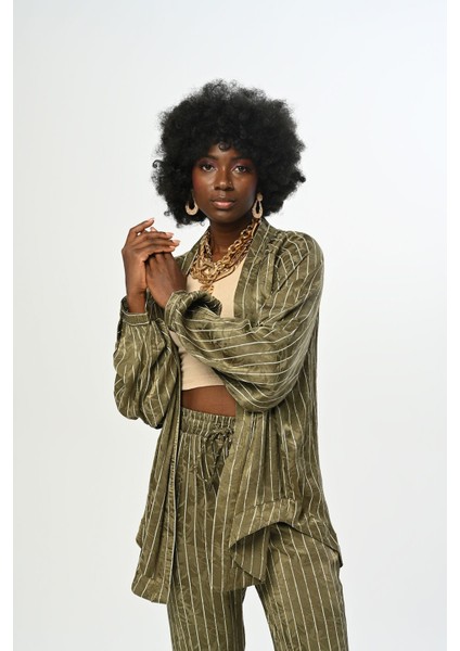 Kadın Çizgili Desenli Haki Renk Oversize Kesim Kimono fiyatları