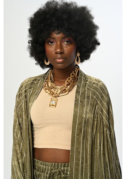 Kadın Çizgili Desenli Haki Renk Oversize Kesim Kimono modelleri