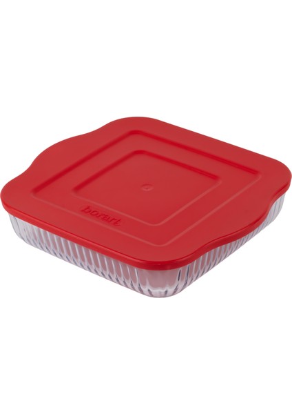 Kırmızı Plastik Kapaklı Optik Desenli Küçük Kare Cam Tepsi