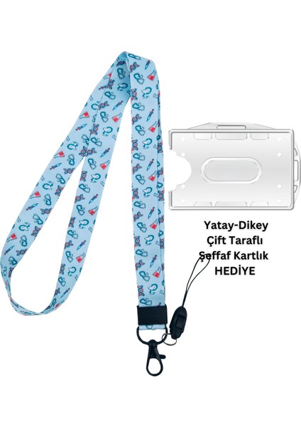 Mavi Şırınga Stetoskop Kart Askısı Yaka Kartı Boyun Askı Ipi Telefon Askısı Yatay Dikey Kart Koruyucu