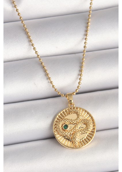 316L Çelik Gold Renk Topçuk Zincir Yılan Işlemeli Zirkon Taş Detaylı Madalyon Model Kadın Kolye - TJ-BKO9844