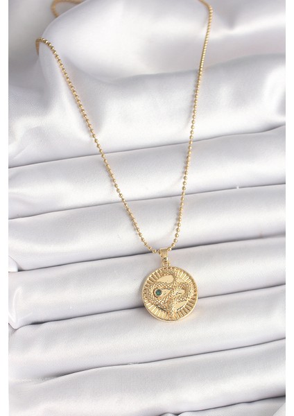 316L Çelik Gold Renk Topçuk Zincir Yılan Işlemeli Zirkon Taş Detaylı Madalyon Model Kadın Kolye - TJ-BKO9844 fiyatları
