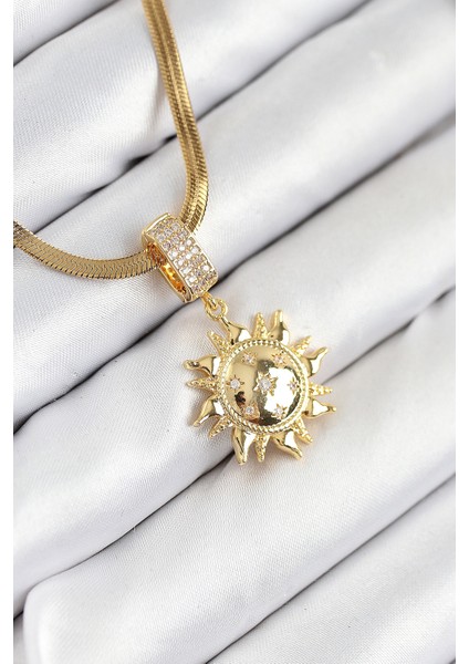 316L Çelik Zirkon Taşlı Güneş Model Gold Renk Kadın Kolye - TJ-BKO10535