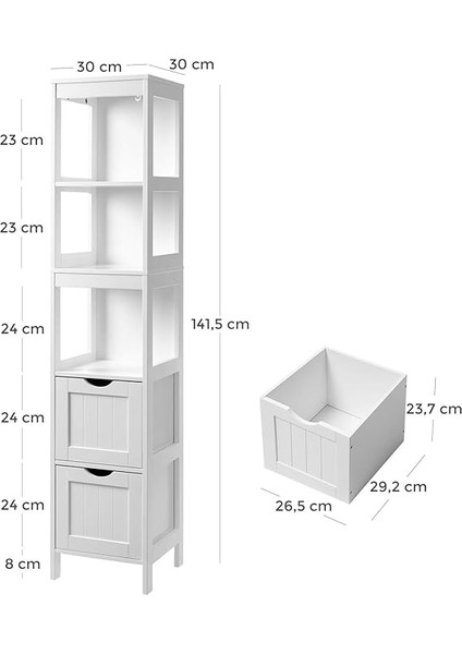 Banyo Için Yüksek Dolap, Ayaklarda Saklama Mobilyası, Dar Sütun, 2 Çekmeceli ve 3 Açık Bölmeli, 30 x 30 x 141,5 Cm, Banyo, Oturma Odası, Mutfak Için, Beyaz BBC66WT modelleri