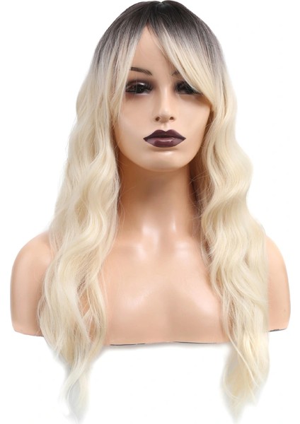 Dalgalı Perçemli Fiber Sentetik Orta Boy Peruk - Kahve / Beyaz Platin Röfleli fiyatları