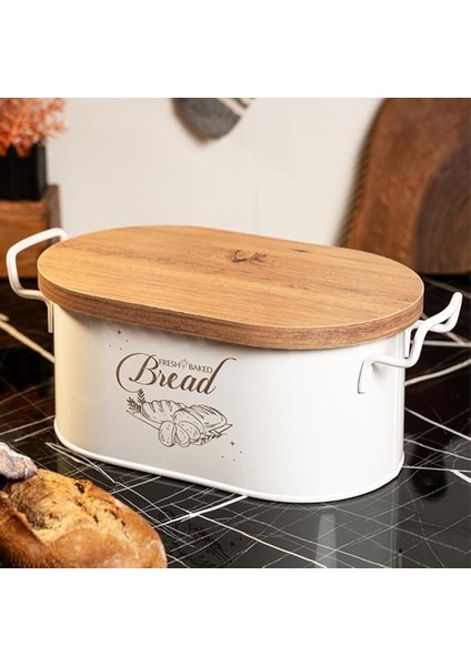 Metal Ahşap Kapaklı Tel Kulplu Metal Ekmeklik (Bread Baskılı) LN1293B