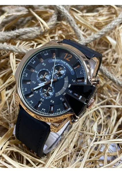 Klasik Spor Erkek Kol Saati Çelik Kasa Deri Kordon Hediyelik Siyah Özel Kutulu