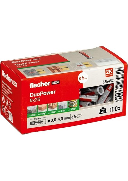 Duopower 5 x 25, Evrensel Dübel, Güçlü 2 Bileşenli Dübel, Beton, Tuğla, Taş, Alçı Karton Vb. Yerlere Sabitlemek Için Plastik Dübel, Vidasız, 100 Adet