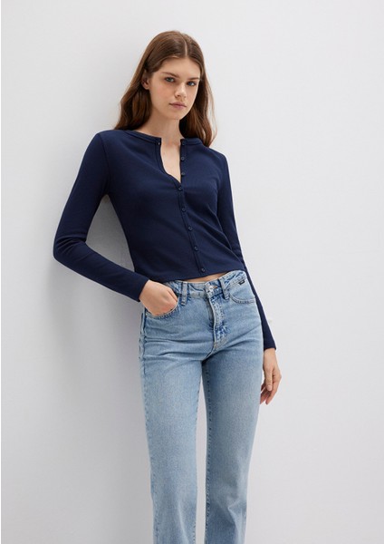 Düğme Detaylı Lacivert Uzun Kollu Tişört 1613330-82318
