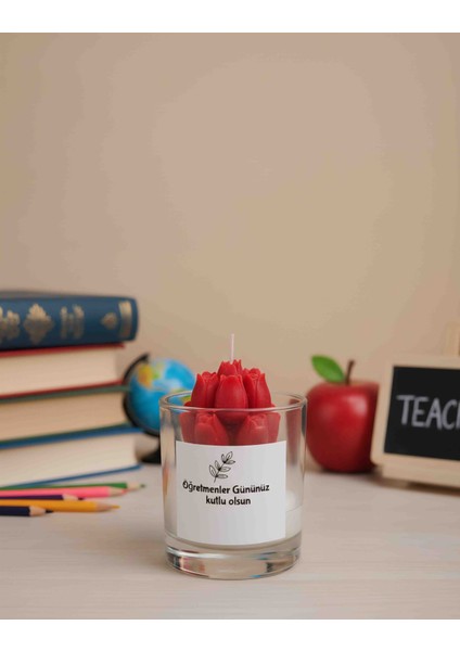 Kırmızı Lale Cam Mum – Öğretmenler Günü Özel Hediye, El Yapımı Aromatik Mum