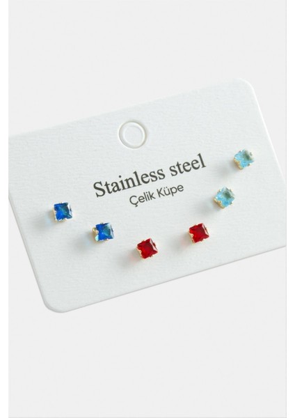 6 Adet Kare Zirkon Tek Taşlı Çelik Küpe