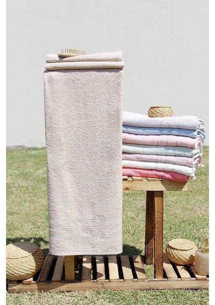 %100 Pamuk Renkli 70X140 Banyo Havlusu Bej