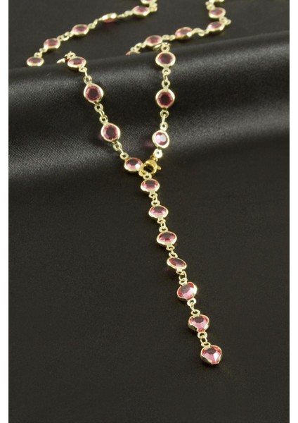 Yuvarlak Zirkon Taşlı Çelik Y Kolye