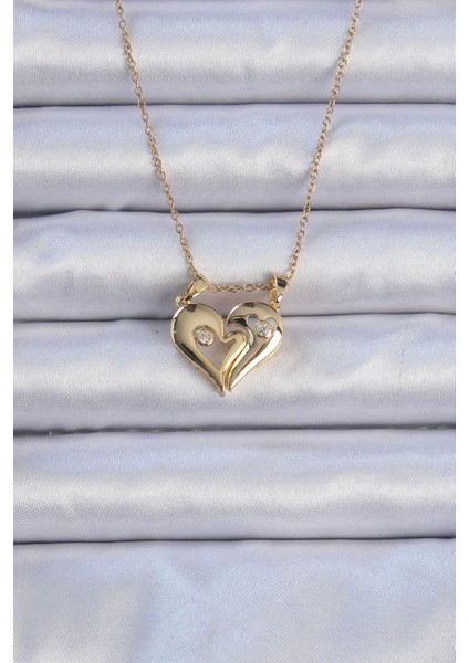 Bfs 316L Çelik Zincir Altın Renk Zirkon Taşlı Mıknatıslı Kalp Kolye