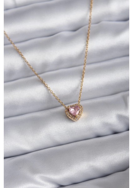 Bfs 316L Çelik Zincir Gold Renk Pembe Zirkon Taşlı Charm Kadın Kolye