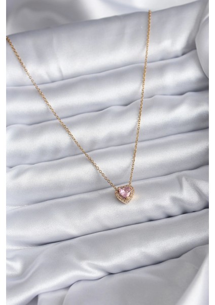 Bfs 316L Çelik Zincir Gold Renk Pembe Zirkon Taşlı Charm Kadın Kolye fiyatları