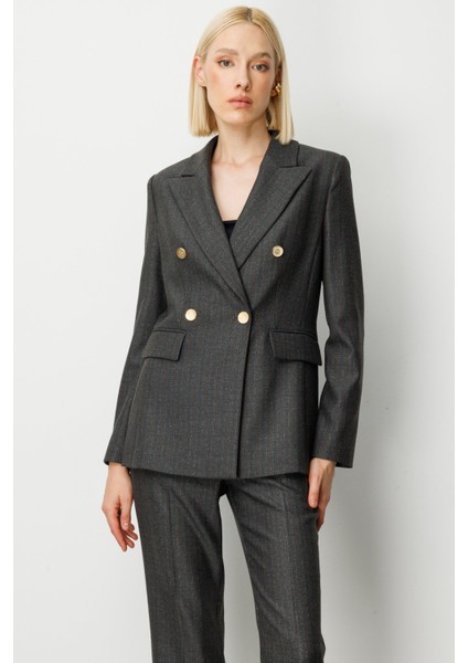 Kadın Kruvaze Yaka Çizgi Desenli Ceket 5107 Siyah