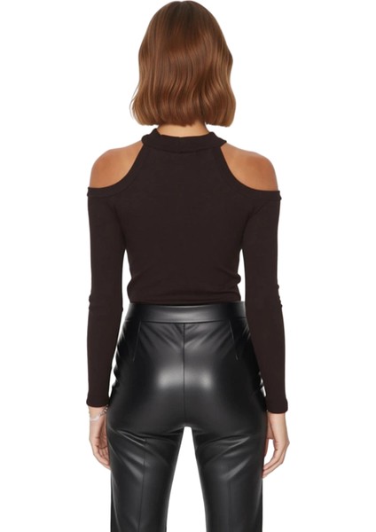 Kadın Fitted Bordo Örme Bluz Choker Yaka Düşük Kol Uzun Kollu Crop Kesim Günlük Kullanıma Uygun fırsatları