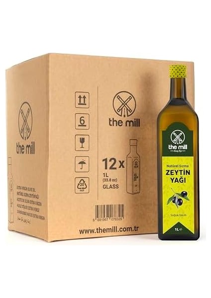The Mill Natürel Sızma Zeytinyağı 1 L Cam Şişe (12&apos;li Paket) - Soğuk Sıkım - Yeni Hasat -%100 Doğal - Uluslararası Lezzet Enstitüsü Üstün 3 Yıldız Lezzet Ödülü - Salataya Uygun - Asitlik ≤%0,8