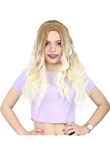 Su Dalgası Uzun Perçemsiz Fiber Sentetik Peruk - Balköpüğü / Platin Ombreli