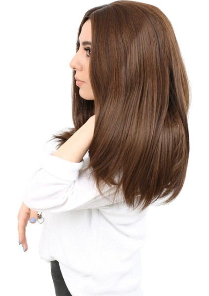 Kahkülsüz Fiber Sentetik Orta Boy Düz Peruk - Kahve Karamel modelleri