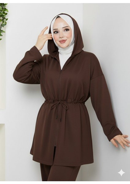 Modal Kumaş Bağlama Detay Fermuarlı Kapüşonlu Tesettür Eşofman Takımı