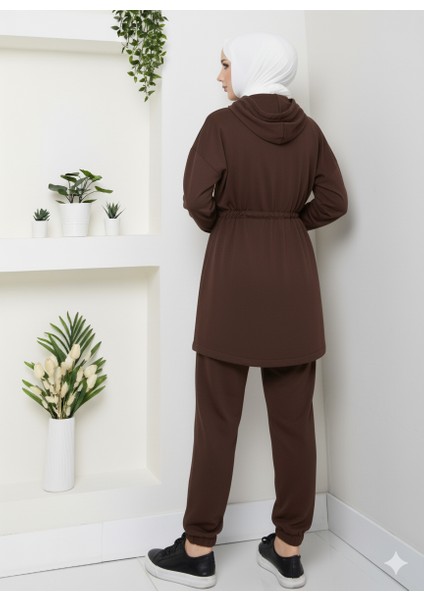 Modal Kumaş Bağlama Detay Fermuarlı Kapüşonlu Tesettür Eşofman Takımı modelleri
